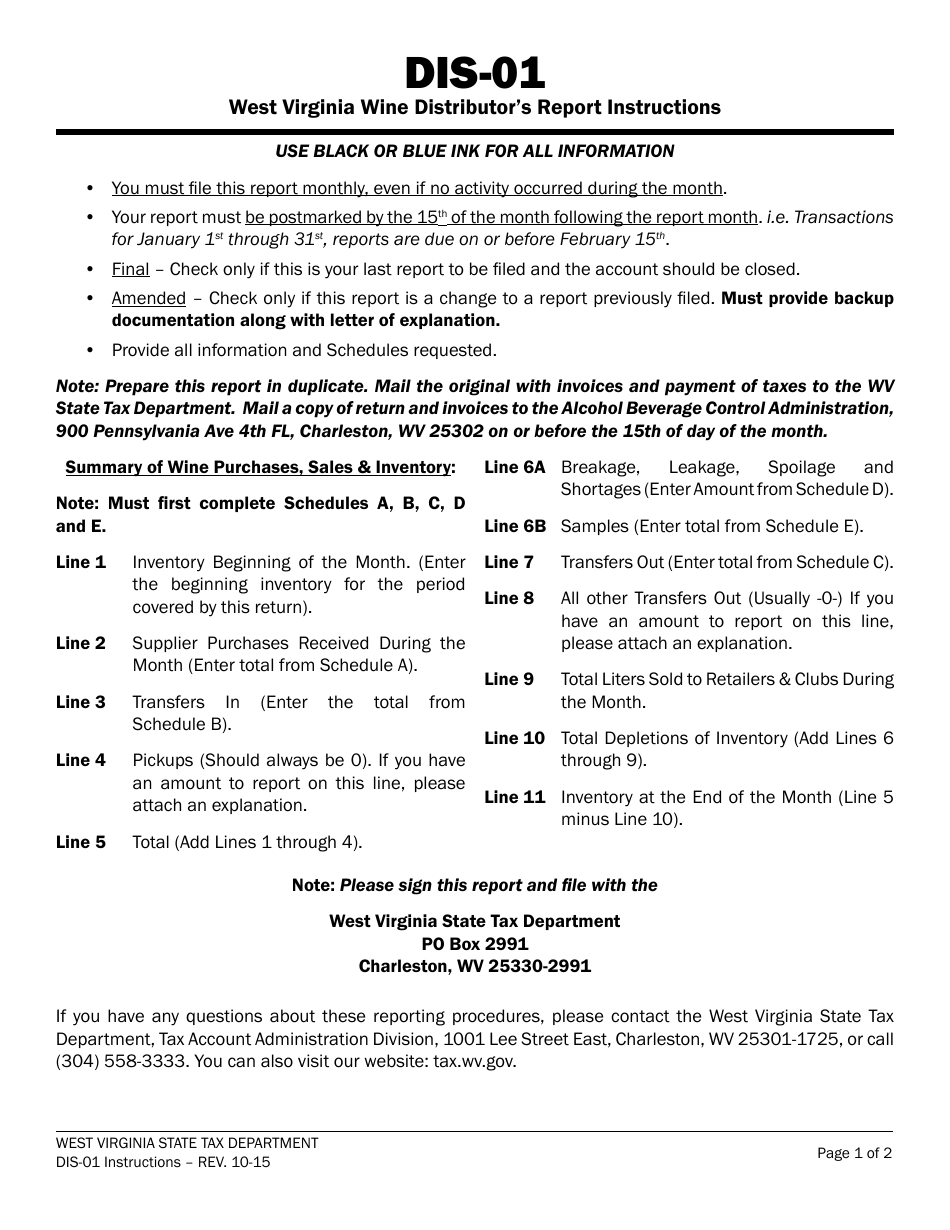 Instructions for Form WV / DIS-01 West Virginia Wine Distributors Report - West Virginia, Page 1