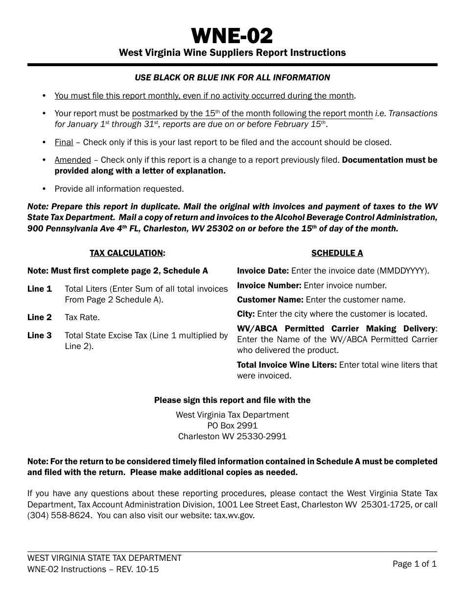 Instructions for Form WV / WNE-02 West Virginia Wine Suppliers Report - West Virginia, Page 1
