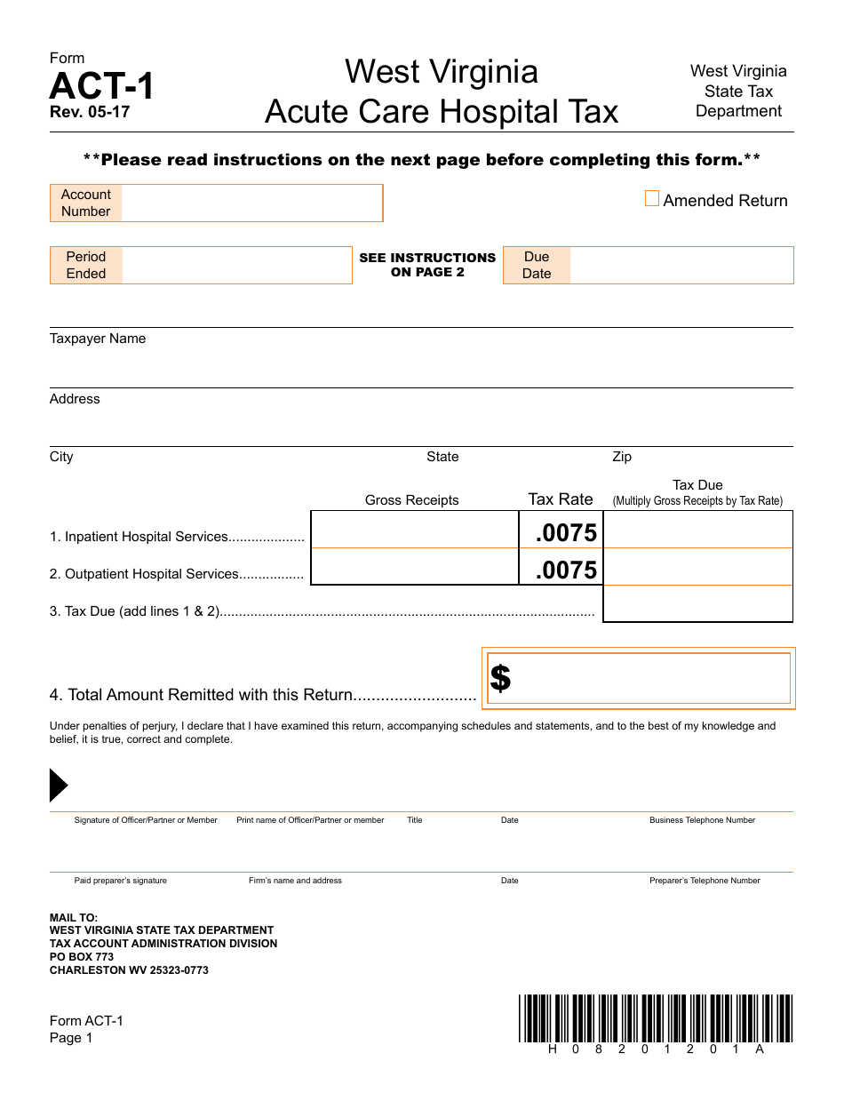 Form ACT-1 Acute Care Hospital Tax - West Virginia, Page 1