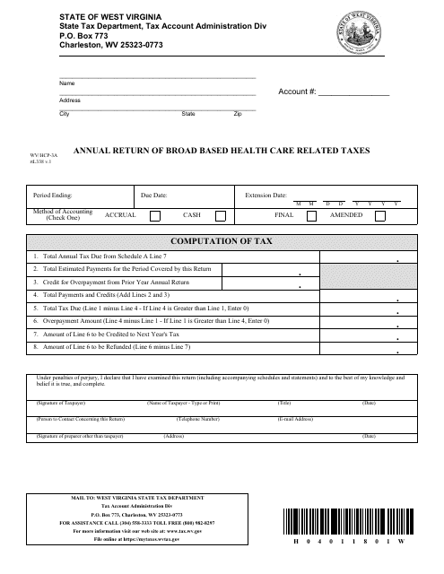 Form WV/HCP-3a Annual Return of Broad Based Health Care Related Taxes - West Virginia