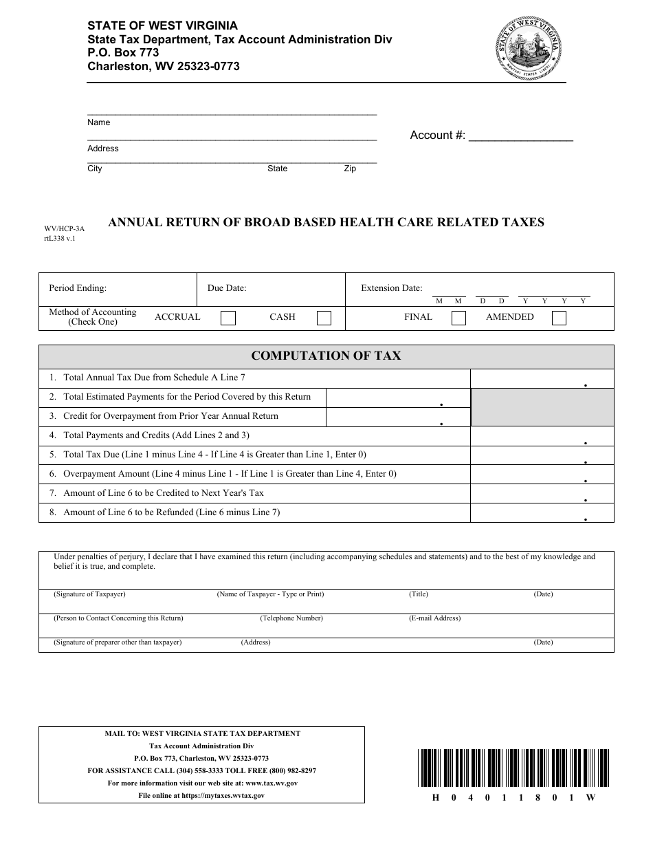 Form WV / HCP-3a Annual Return of Broad Based Health Care Related Taxes - West Virginia, Page 1