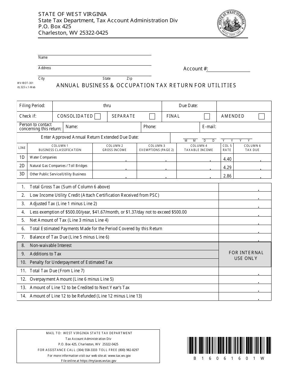 Form WV / BOT-301 Annual Business  Occupation Tax Return for Utilities - West Virginia, Page 1