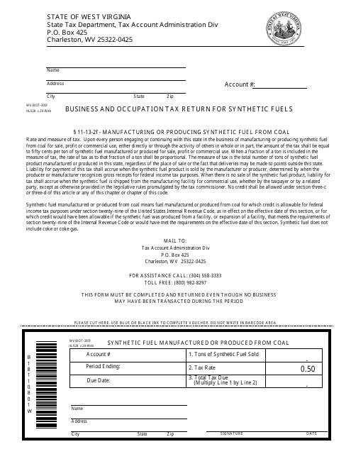 Form WV/BOT-300f Business and Occupation Tax Return for Synthetic Fuels - West Virginia