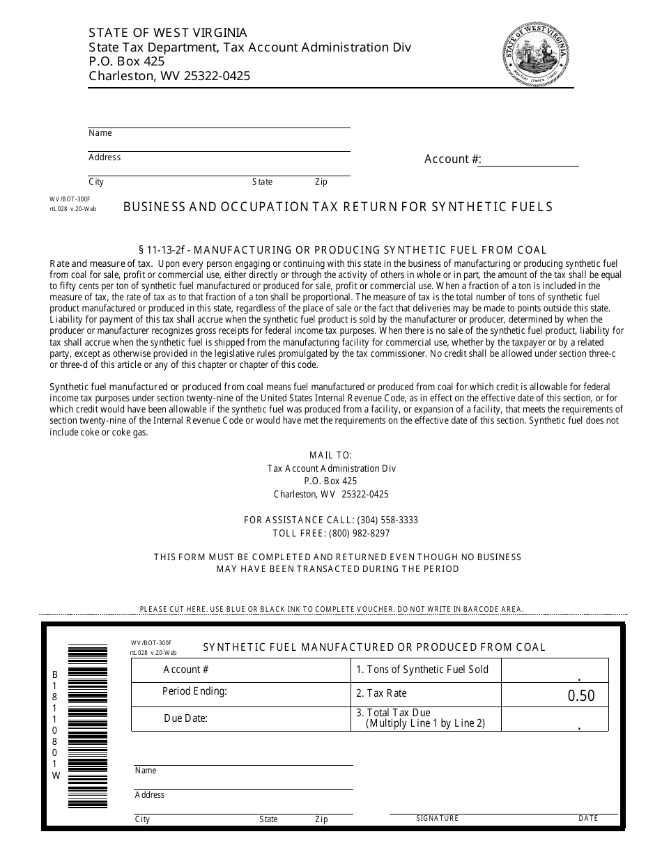 Form WV / BOT-300f Business and Occupation Tax Return for Synthetic Fuels - West Virginia, Page 1