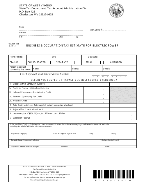 Form WV/BOT-300e Business & Occupation Tax Estimate for Electric Power - West Virginia