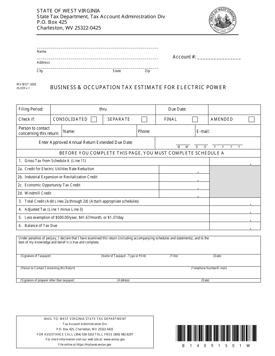 Form WV / BOT-300e Business  Occupation Tax Estimate for Electric Power - West Virginia, Page 1