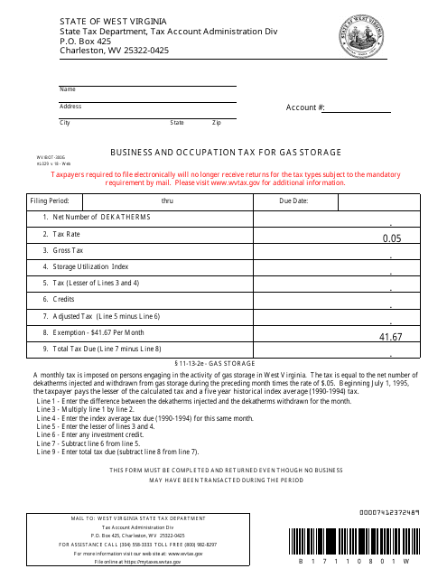 Form WV/BOT-300g Business and Occupation Tax for Gas Storage - West Virginia