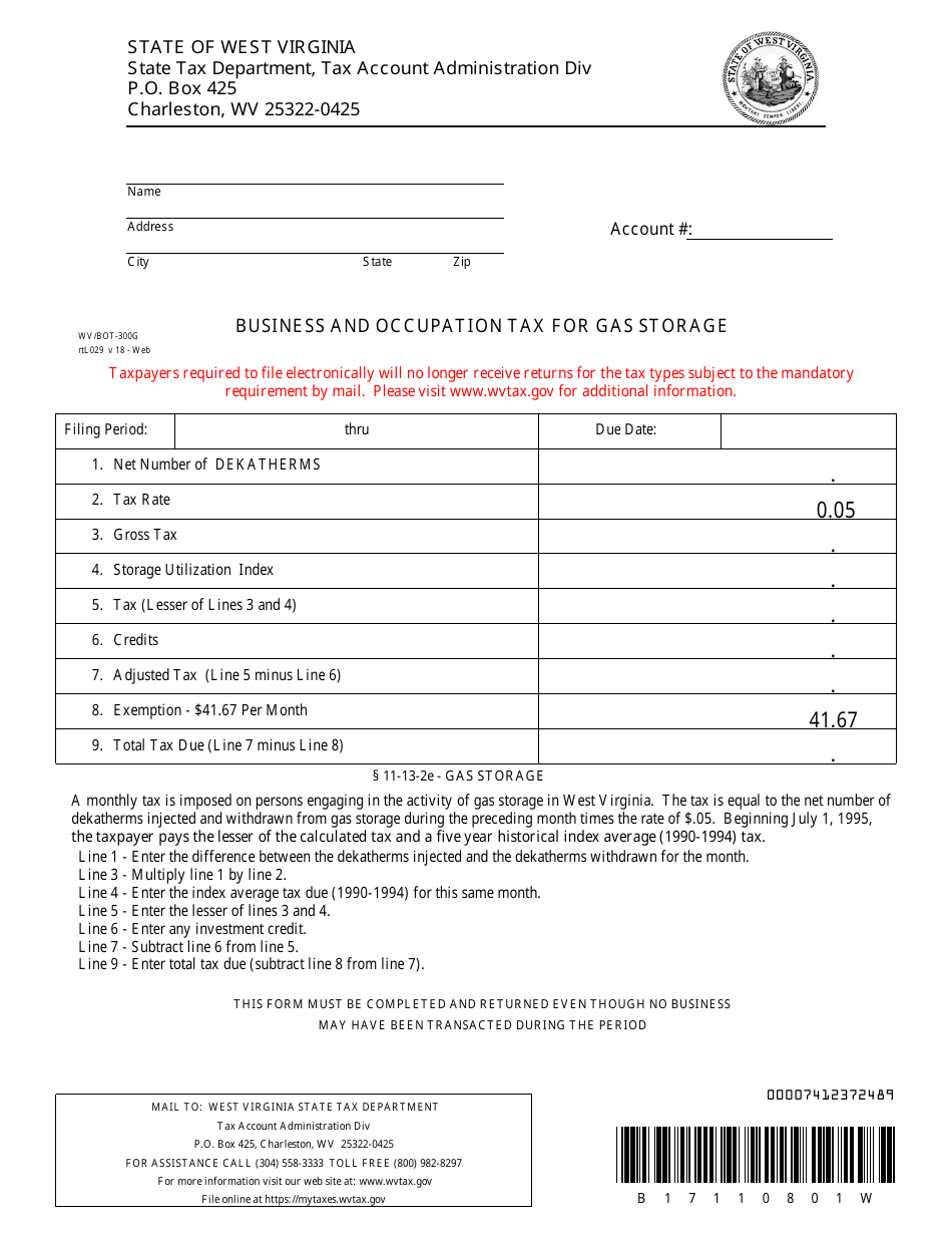 Form WV / BOT-300g Business and Occupation Tax for Gas Storage - West Virginia, Page 1