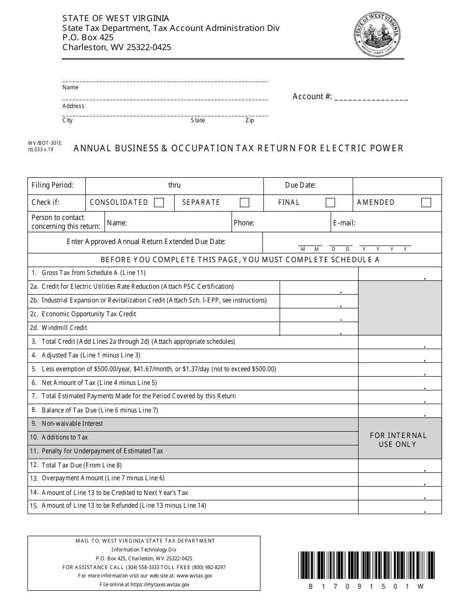Form WV / BOT-301e Annual Business  Occupation Tax Return for Electric Power - West Virginia, Page 1