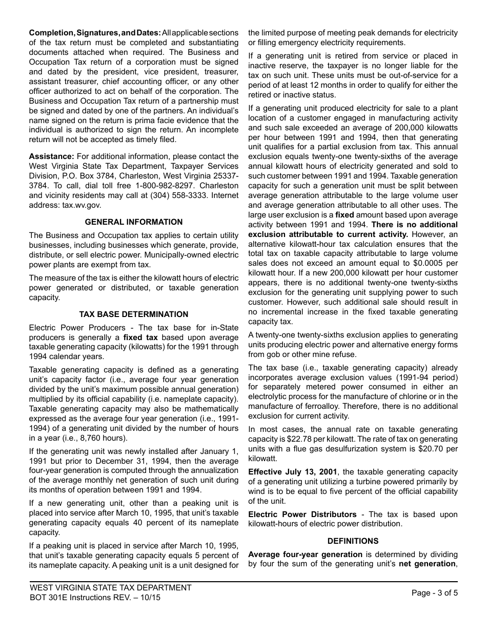 Instructions for Form WV / BOT-301e Annual Business and Occupation Tax Return for Electric Power - West Virginia, Page 3