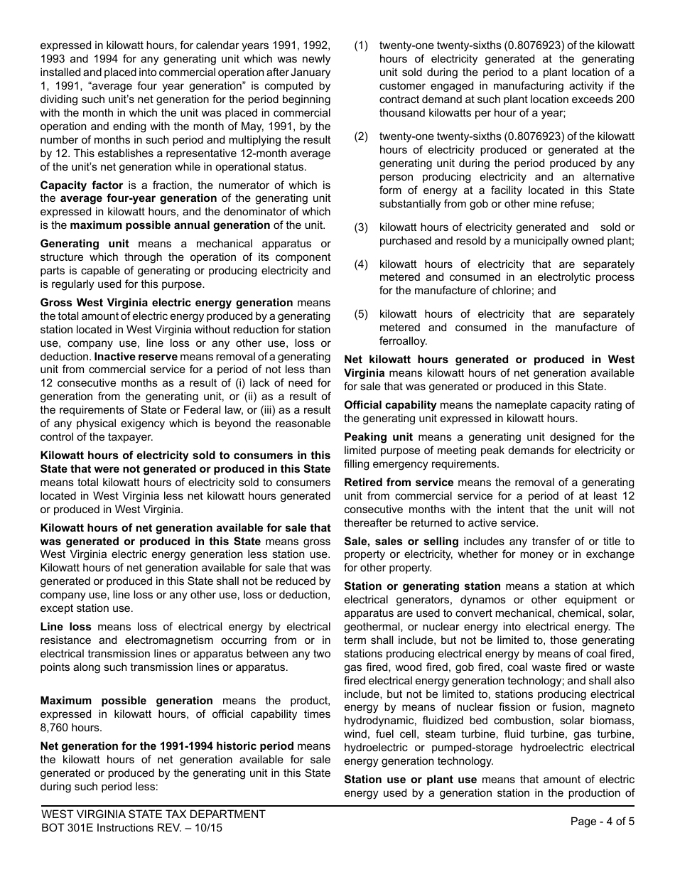 Instructions for Form WV / BOT-301e Annual Business and Occupation Tax Return for Electric Power - West Virginia, Page 4