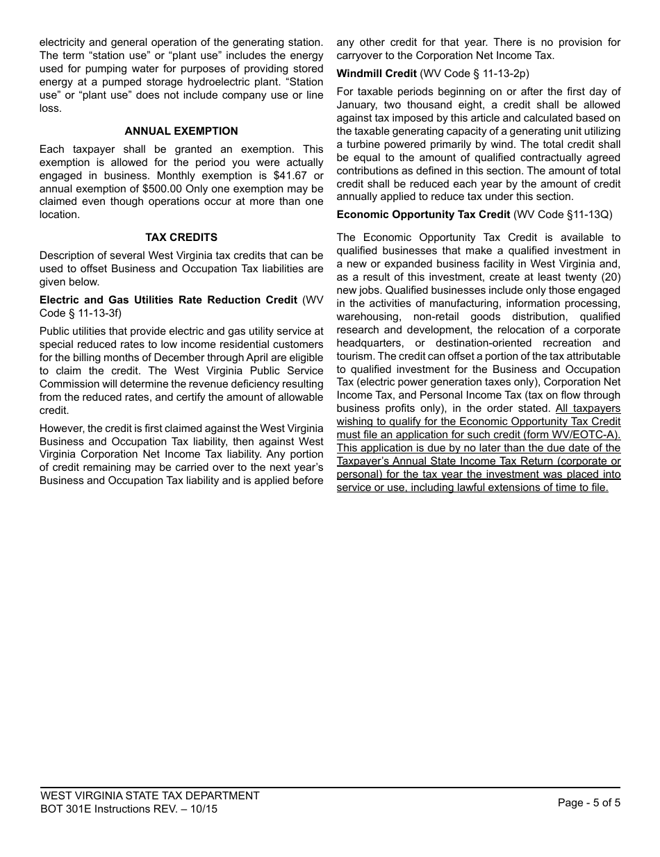 Instructions for Form WV / BOT-301e Annual Business and Occupation Tax Return for Electric Power - West Virginia, Page 5