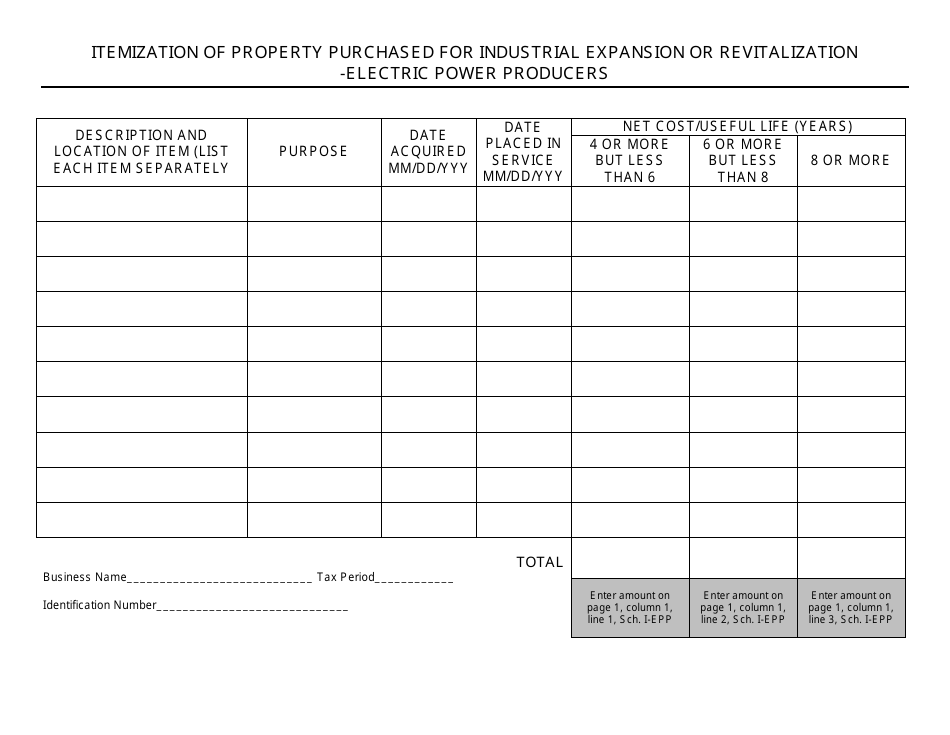 Schedule I-EPP Property List - Itemization of Property Purchased for Industrial Expansion or Revitalization - Electric Power Producers - West Virginia, Page 1