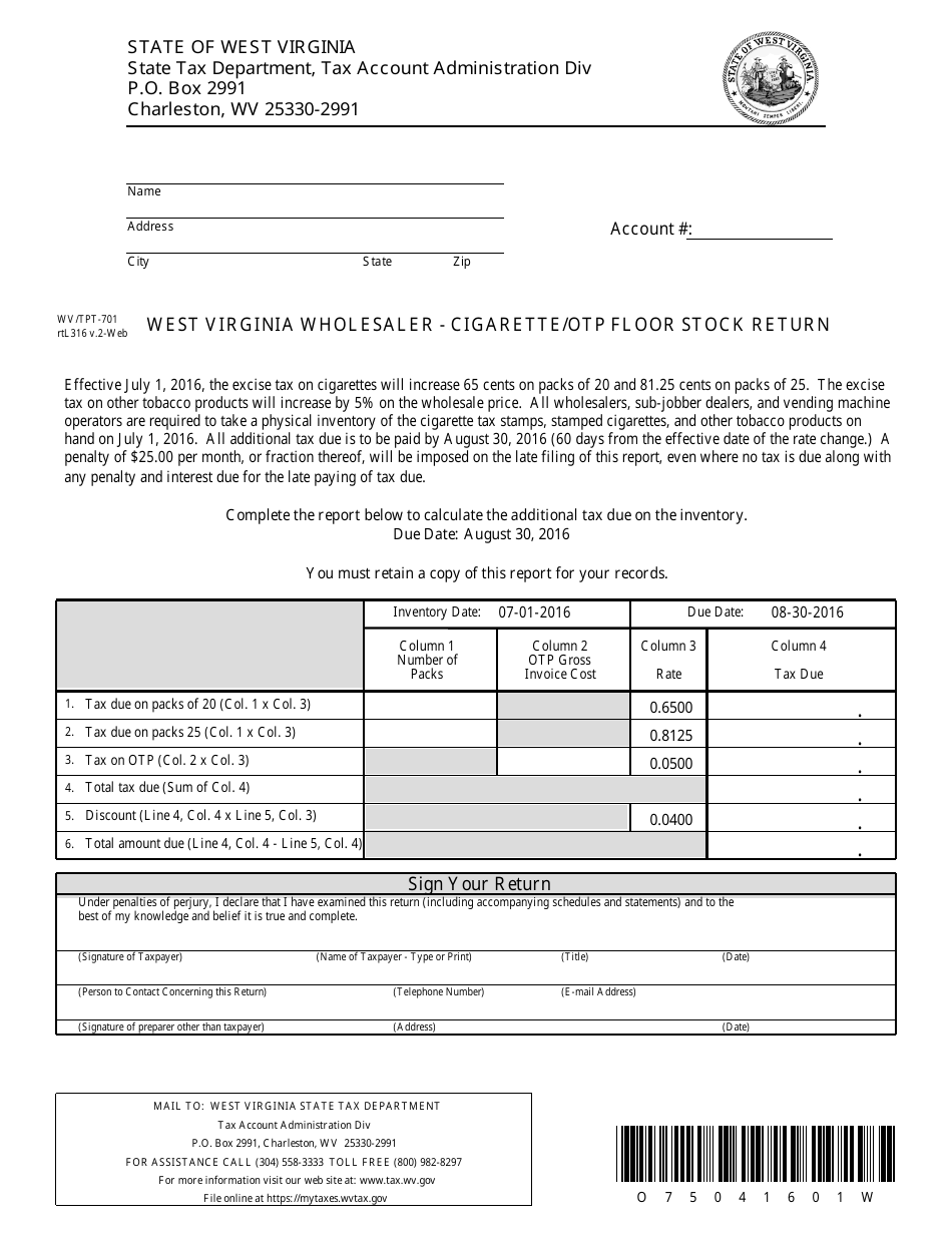 Form WV / TPT-701 West Virginia Wholesaler - Cigarette / Otp Floor Stock Return - West Virginia, Page 1