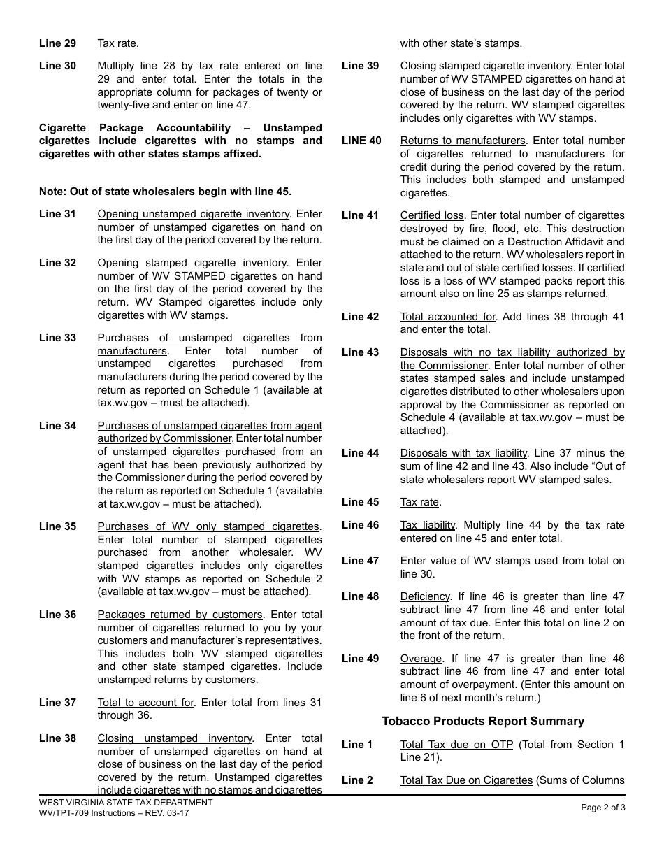 Instructions for Form WV / TPT-709 West Virginia Tobacco Products Tax Report - West Virginia, Page 2
