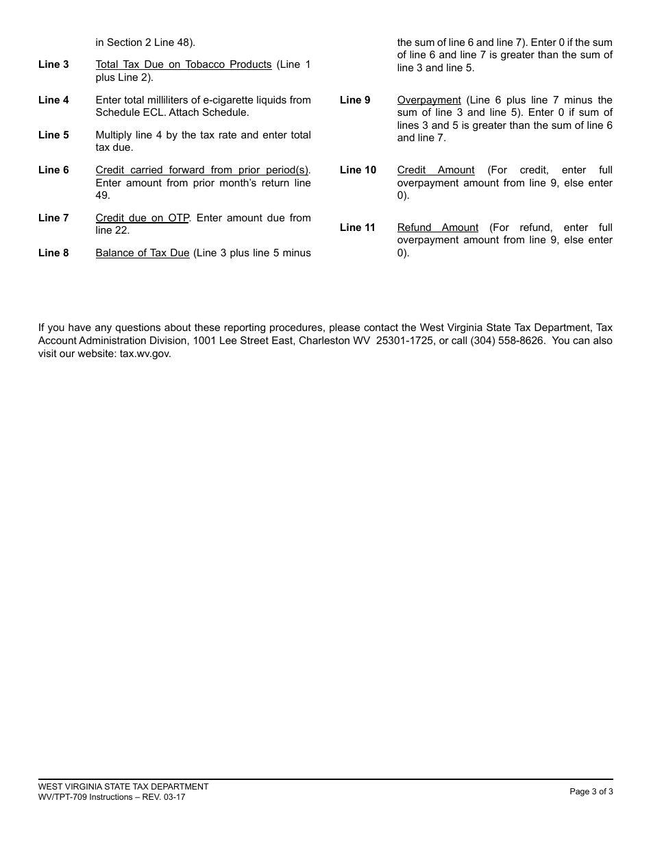 Instructions for Form WV / TPT-709 West Virginia Tobacco Products Tax Report - West Virginia, Page 3