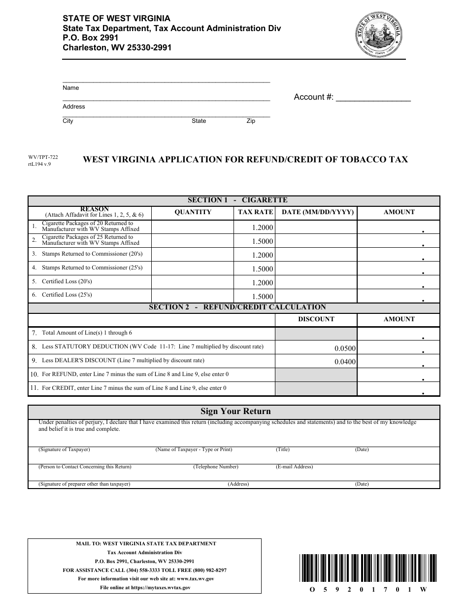 Form WV/TPT722 Fill Out, Sign Online and Download Printable PDF