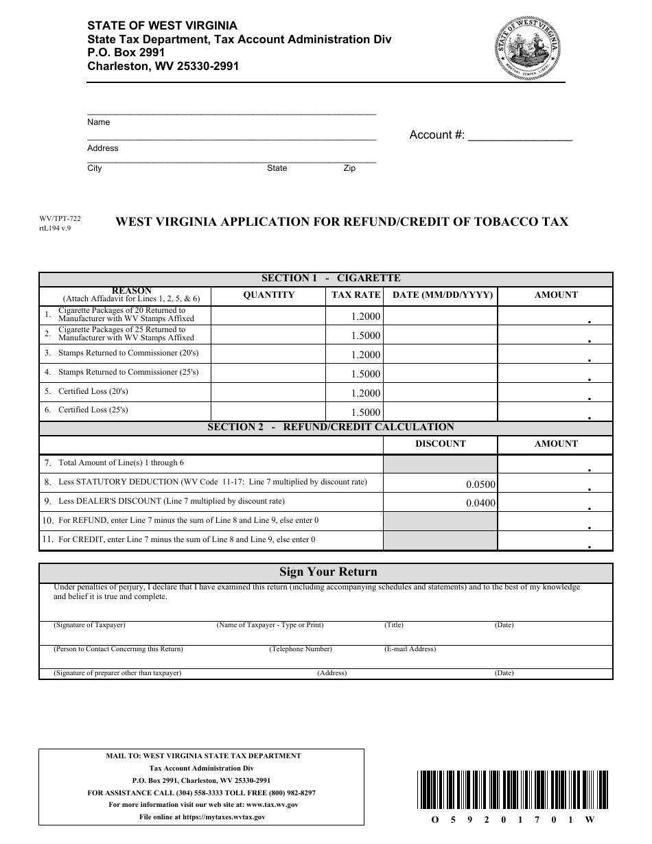 Form WV / TPT-722 West Virginia Application for Refund / Credit of Tobacco Tax - West Virginia, Page 1