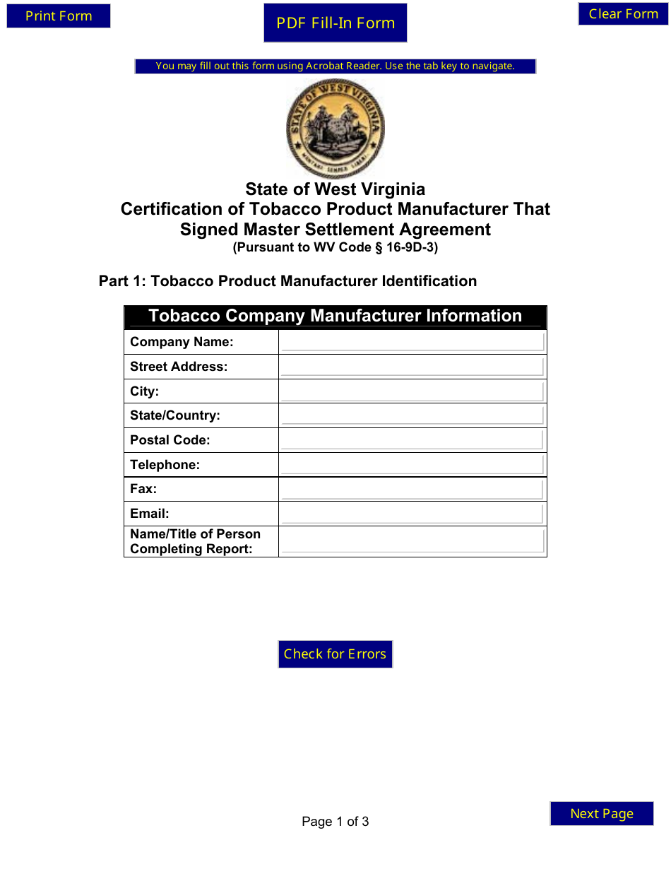 State of West Virginia Certification Form of Tobacco Product Manufacturer That Signed the Master Settlement Agreement - West Virginia, Page 1