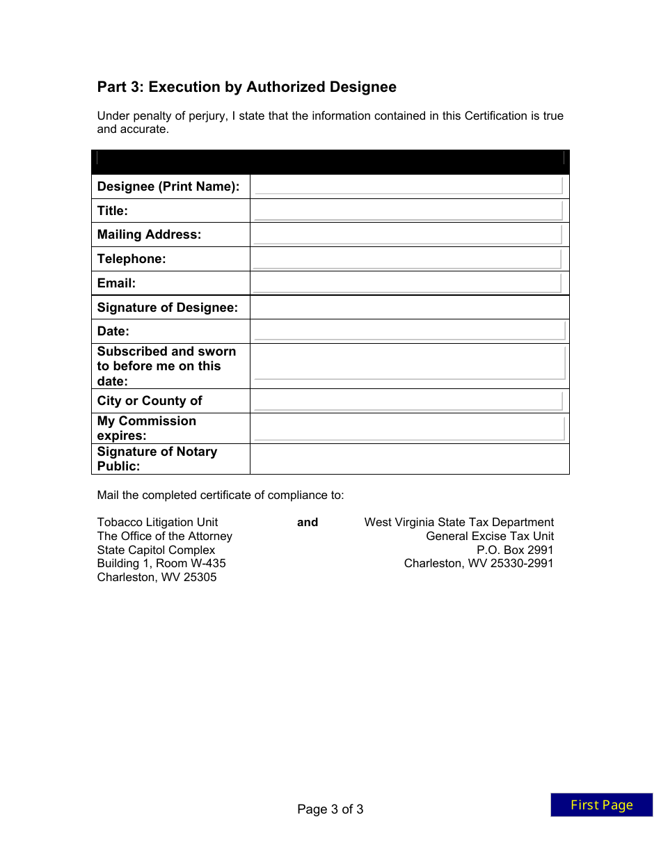 State of West Virginia Certification Form of Tobacco Product Manufacturer That Signed the Master Settlement Agreement - West Virginia, Page 3