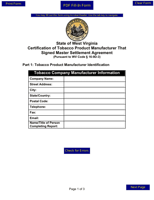 State of West Virginia Certification Form of Tobacco Product Manufacturer That Signed the Master Settlement Agreement - West Virginia Download Pdf