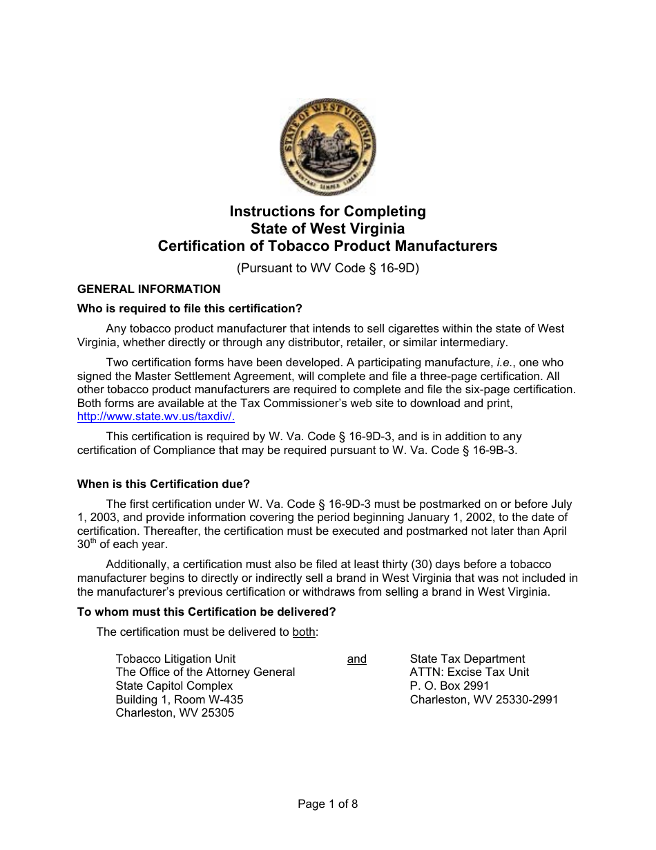 Instructions for State of West Virginia Certification of Tobacco Product Manufacturers - West Virginia, Page 1
