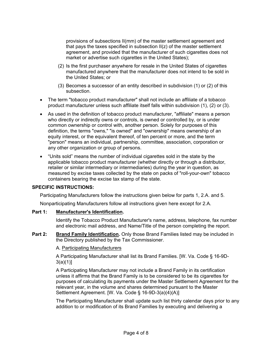Instructions for State of West Virginia Certification of Tobacco Product Manufacturers - West Virginia, Page 4