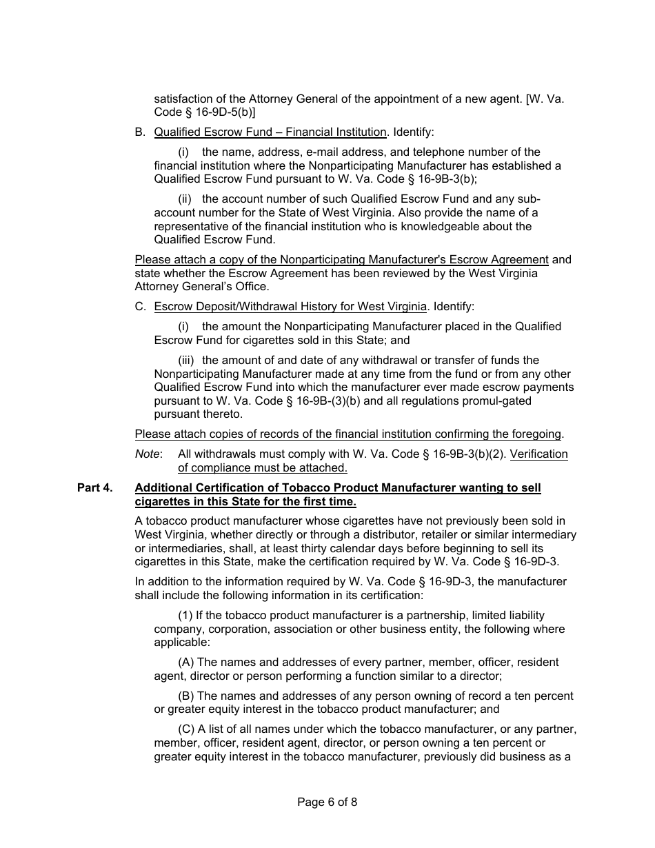 Instructions for State of West Virginia Certification of Tobacco Product Manufacturers - West Virginia, Page 6