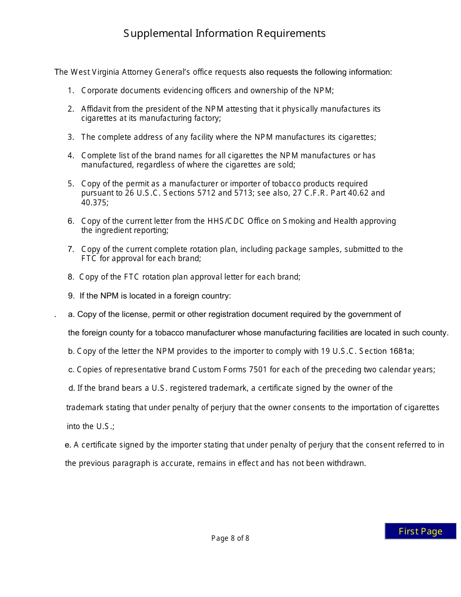 Instructions for State of West Virginia Certification of Tobacco Product Manufacturers - West Virginia, Page 8