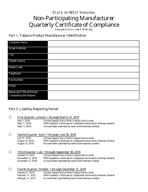 Non-participating Manufacturer Quarterly Certificate of Compliance Form - West Virginia, 2018