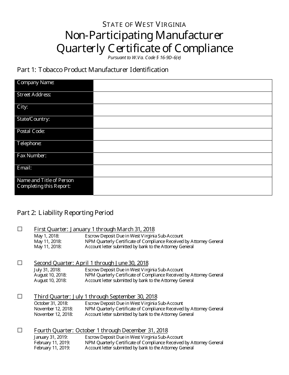 Non-participating Manufacturer Quarterly Certificate of Compliance Form - West Virginia, Page 1