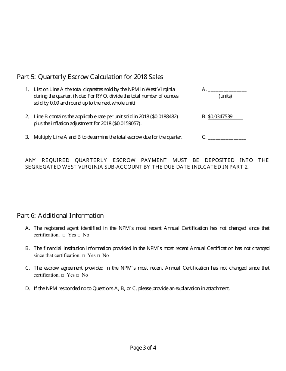 Non-participating Manufacturer Quarterly Certificate of Compliance Form - West Virginia, Page 3