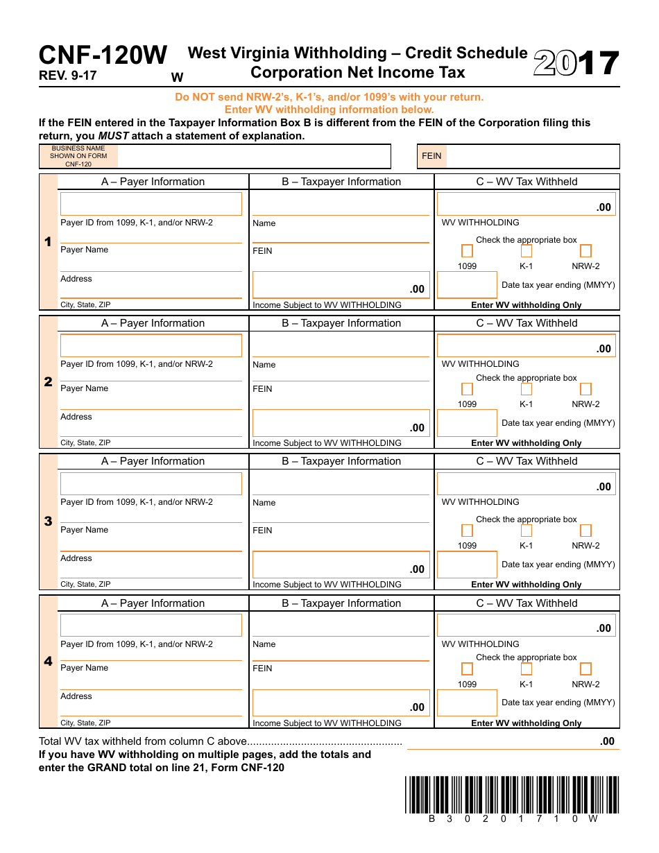Form CNF-120w West Virginia Withholding - Credit Schedule Corporation Net Income Tax - West Virginia, Page 1