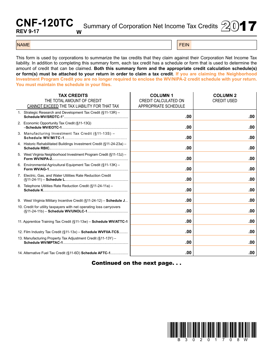 Form CNF-120tc Summary of Corporation Net Income Tax Credits - West Virginia, Page 1