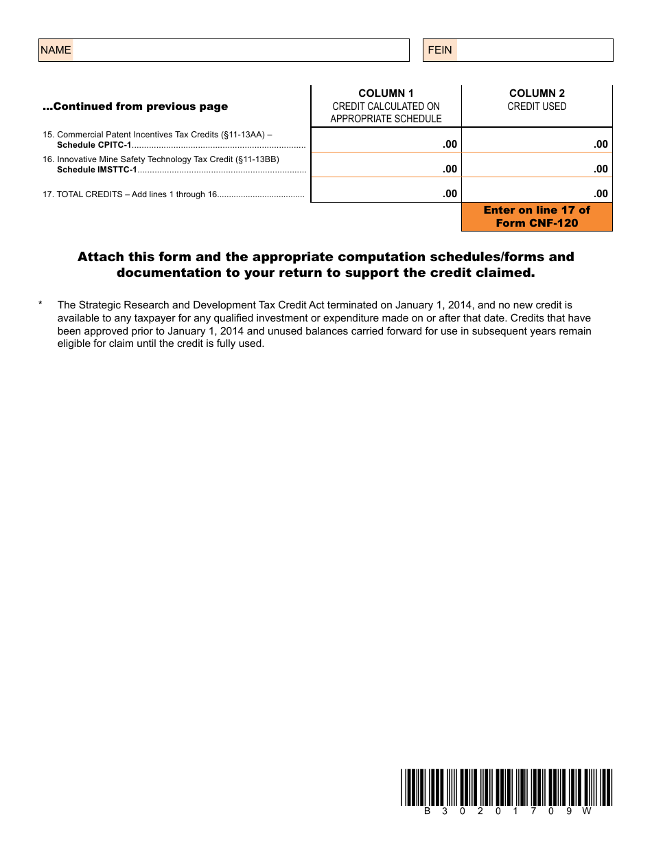 Form CNF-120tc Summary of Corporation Net Income Tax Credits - West Virginia, Page 2