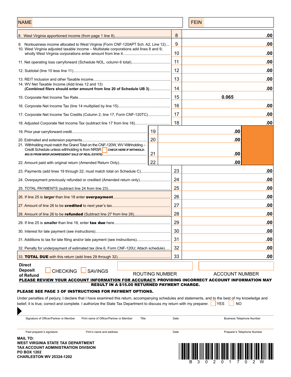 Form CNF-120 Corporation Net Income Tax Return - West Virginia, Page 2