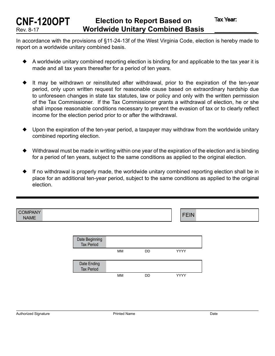 Form CNF-120opt Election to Report Based on Worldwide Unitary Combined Basis - West Virginia, Page 1