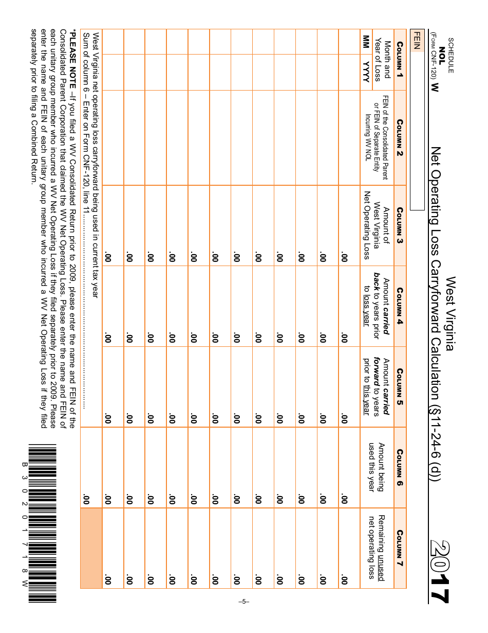 Form WV / CNF-120 Schedule NOL West Virginia Net Operating Loss Carryforward Calculation - West Virginia, Page 1