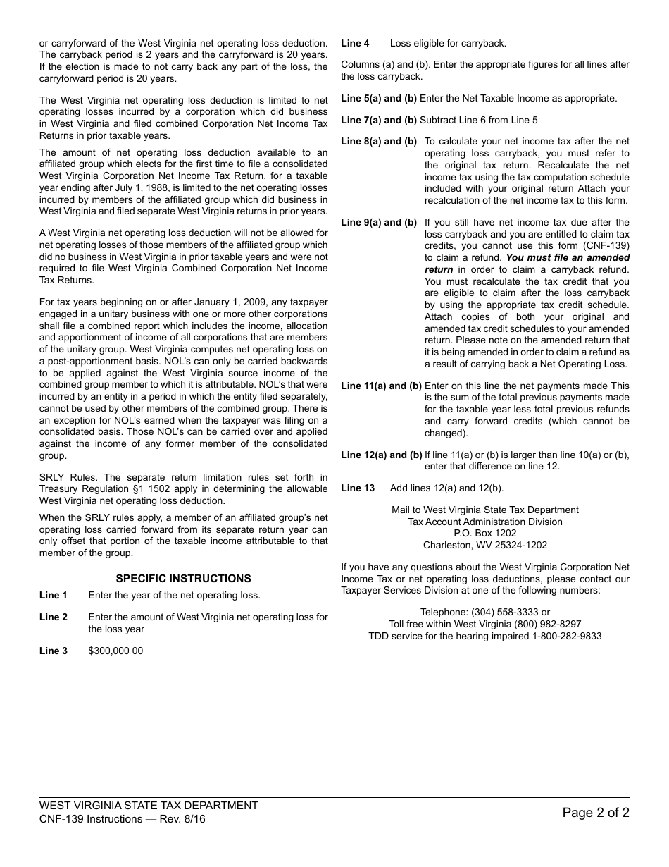 Instructions for Form CNF-139 West Virginia Corporation Application for Refund From Carryback of Net Operating Loss - West Virginia, Page 2