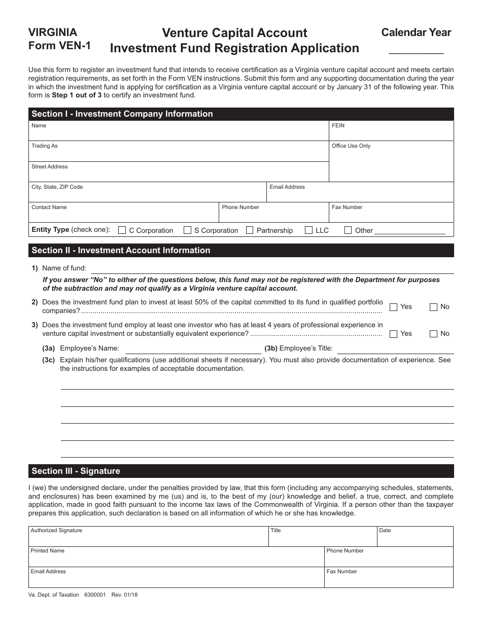 Form VEN-1 Venture Capital Account Investment Fund Registration Application - Virginia, Page 1