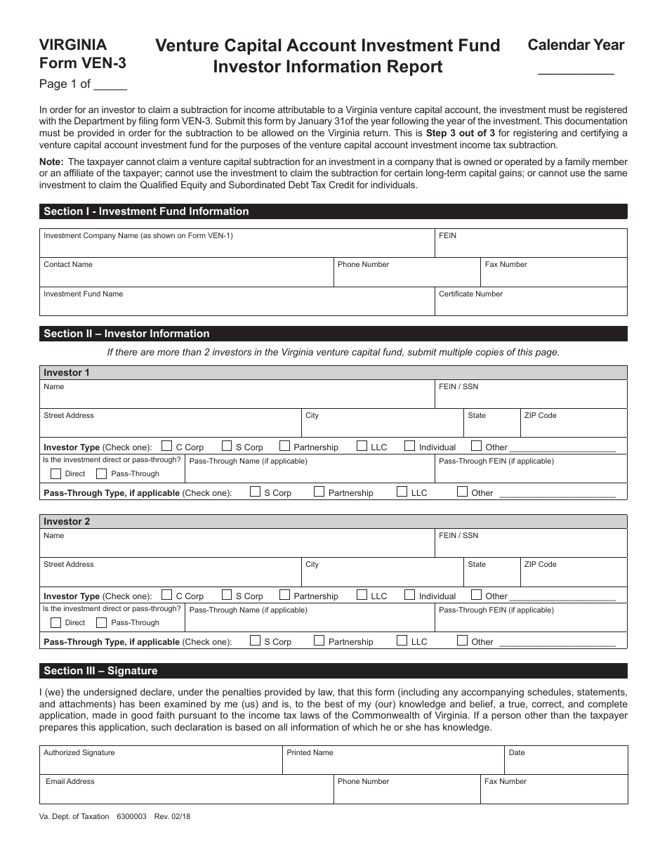 Form VEN-3 Venture Capital Account Investment Fund Investor Information Report - Virginia, Page 1