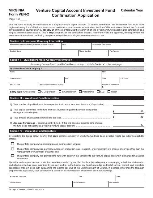 Form VEN-2 Venture Capital Account Investment Fund Confirmation Application - Virginia