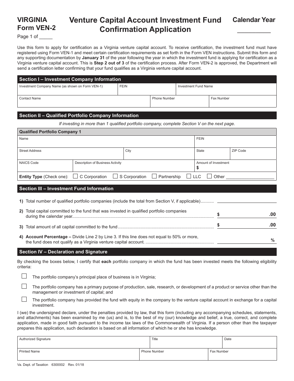 Form VEN-2 Venture Capital Account Investment Fund Confirmation Application - Virginia, Page 1