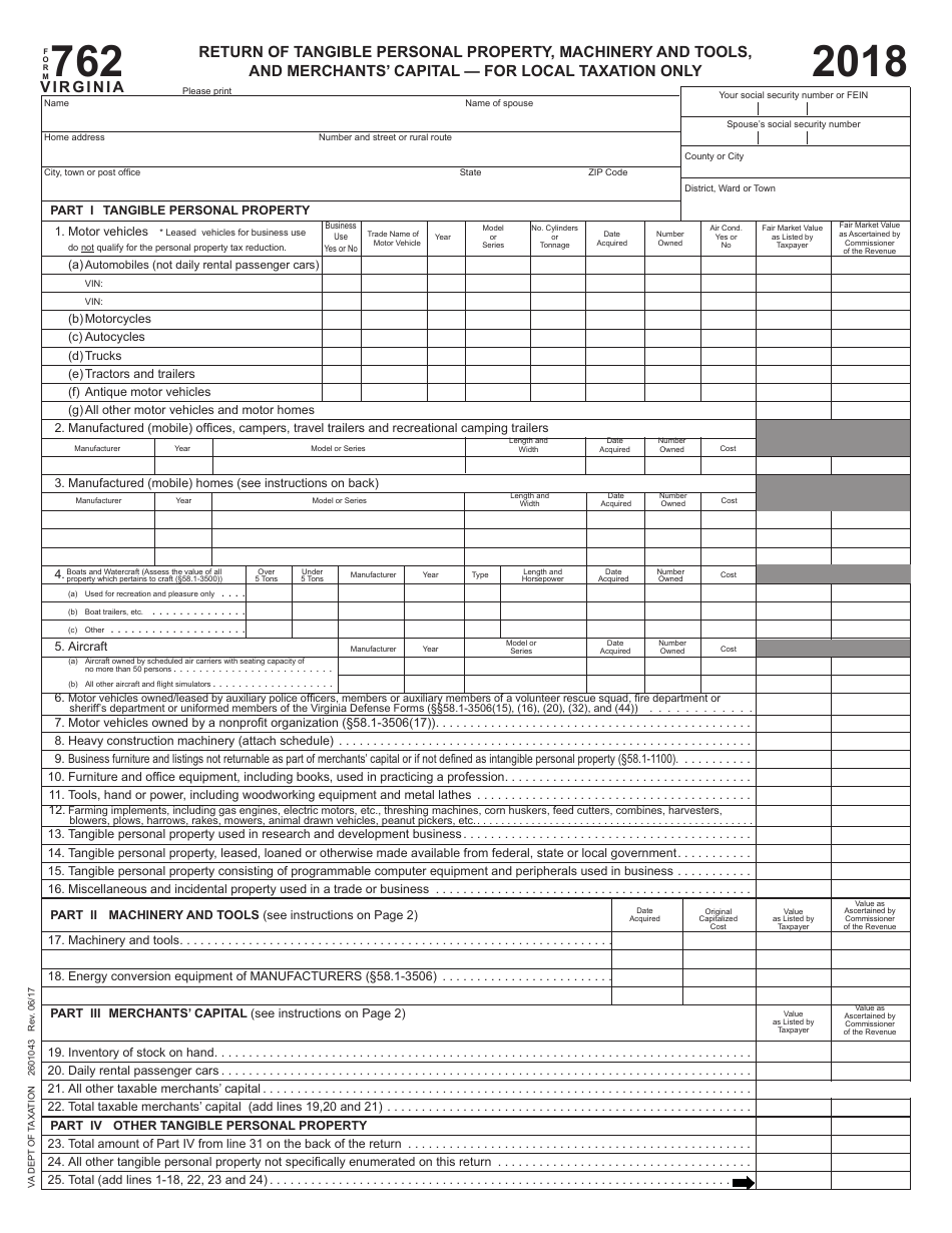 Form 762 Return of Tangible Personal Property, Machinery and Tools, and Merchants Capital - Virginia, Page 1