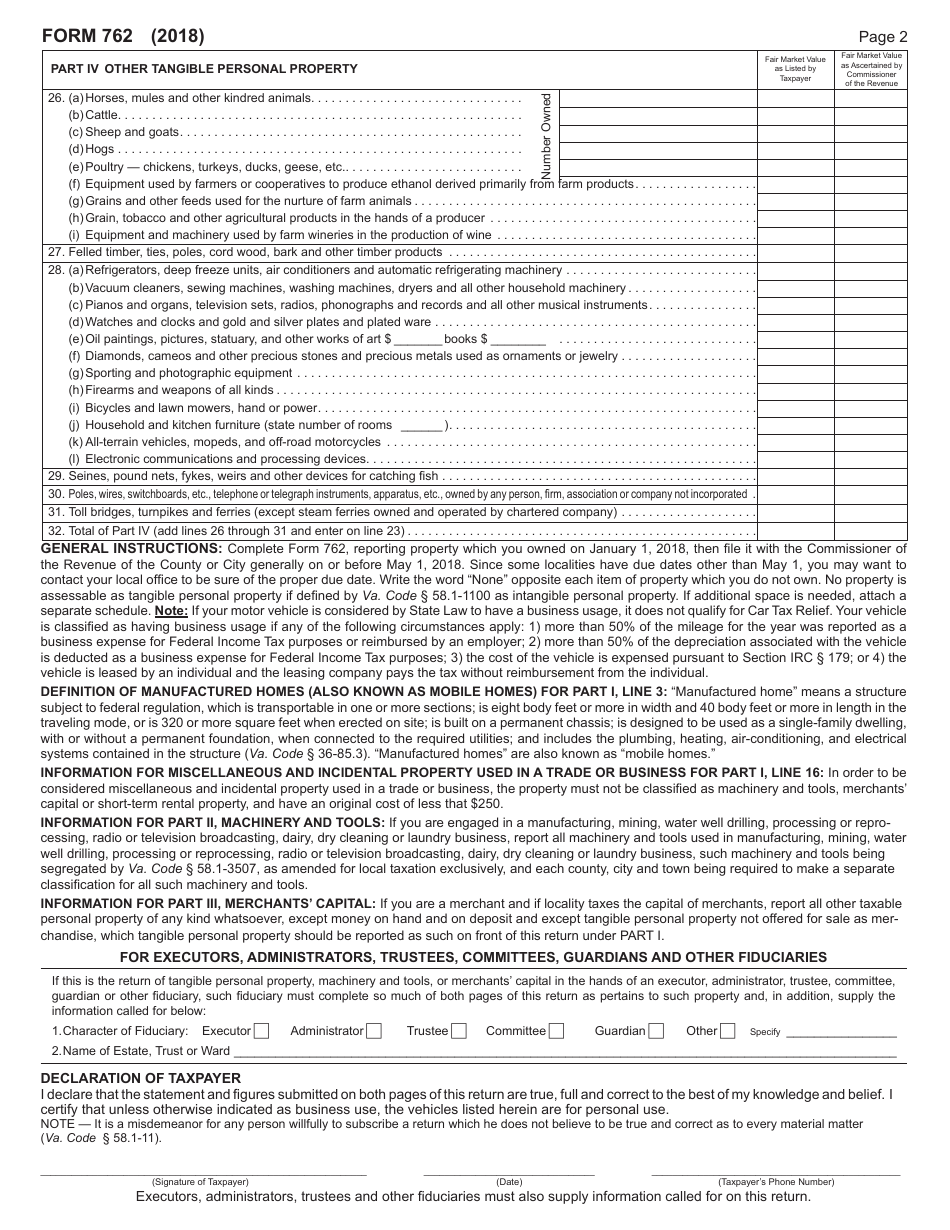 Form 762 Return of Tangible Personal Property, Machinery and Tools, and Merchants Capital - Virginia, Page 2