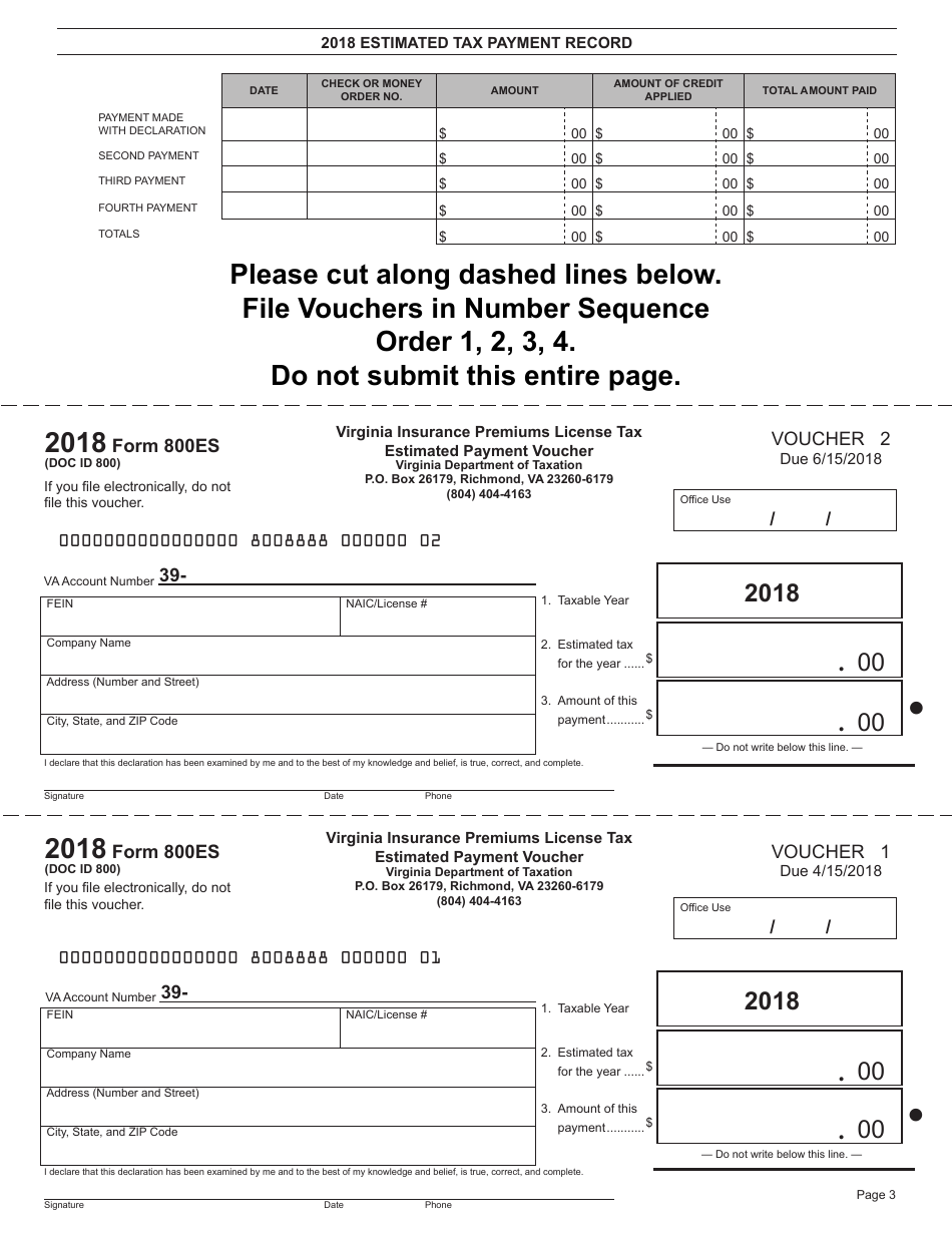 Form 800ES Insurance Premiums License Tax Estimated Tax Payment Vouchers - Virginia, Page 3