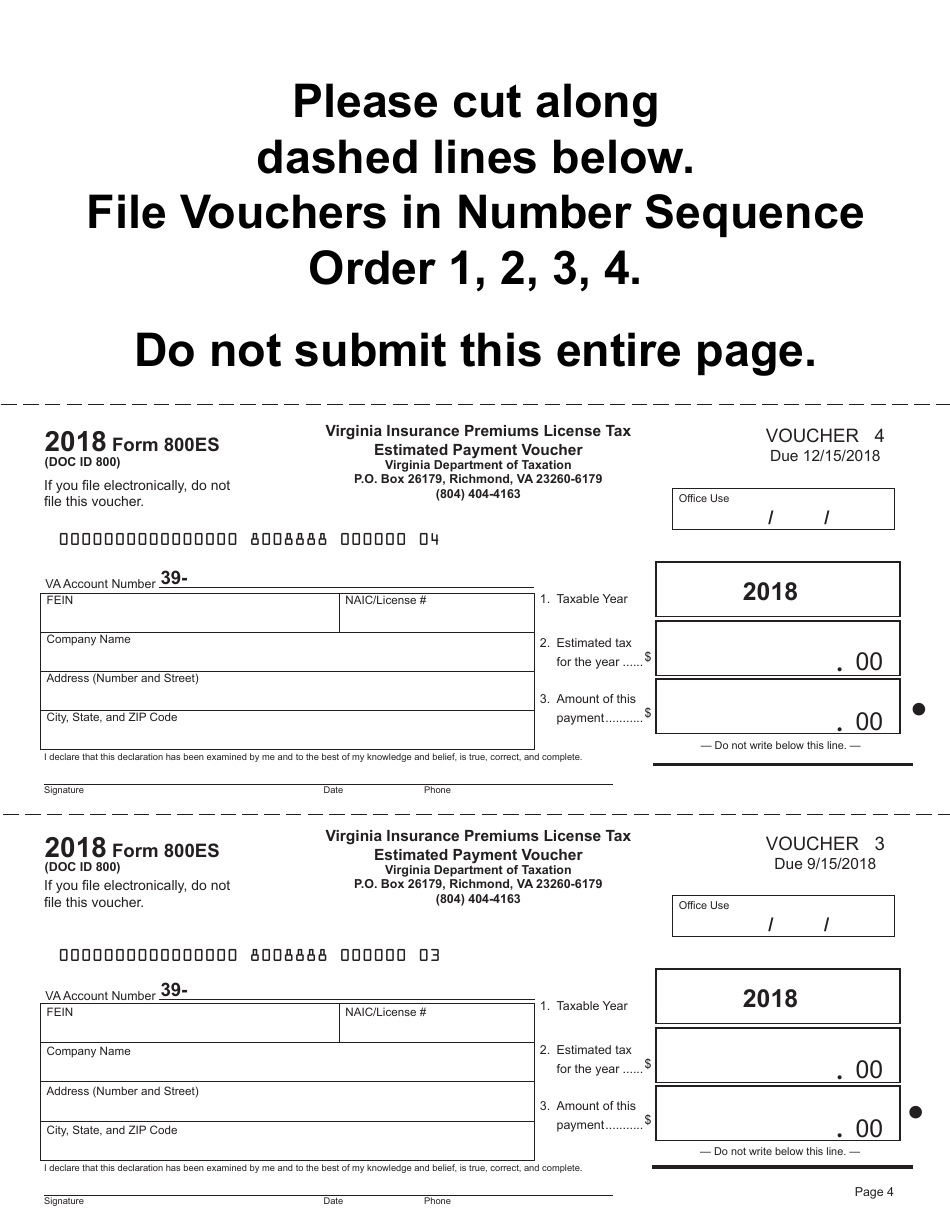 Form 800ES Insurance Premiums License Tax Estimated Tax Payment Vouchers - Virginia, Page 4