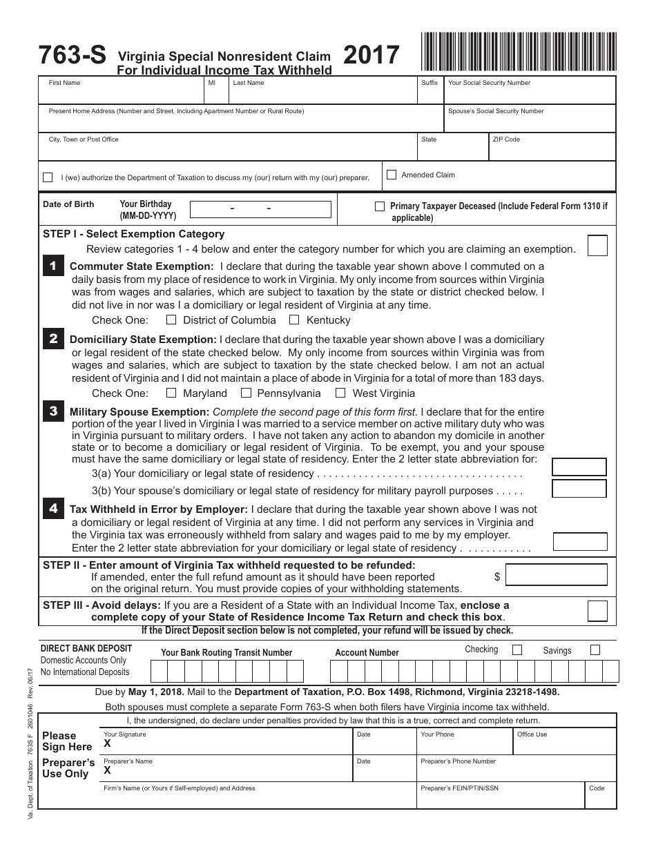 Form 763-S Special Nonresident Claim for Individual Income Tax Withheld - Virginia, Page 1