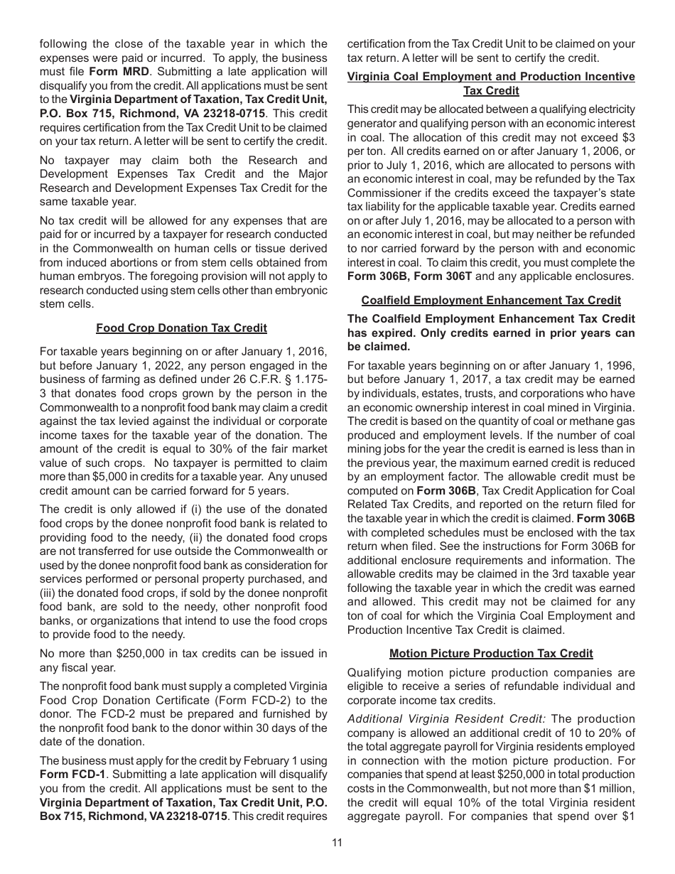 Instructions for Form 760, 760PY, 763, 765 Schedule CR Credit Computation Schedule - Virginia, Page 11