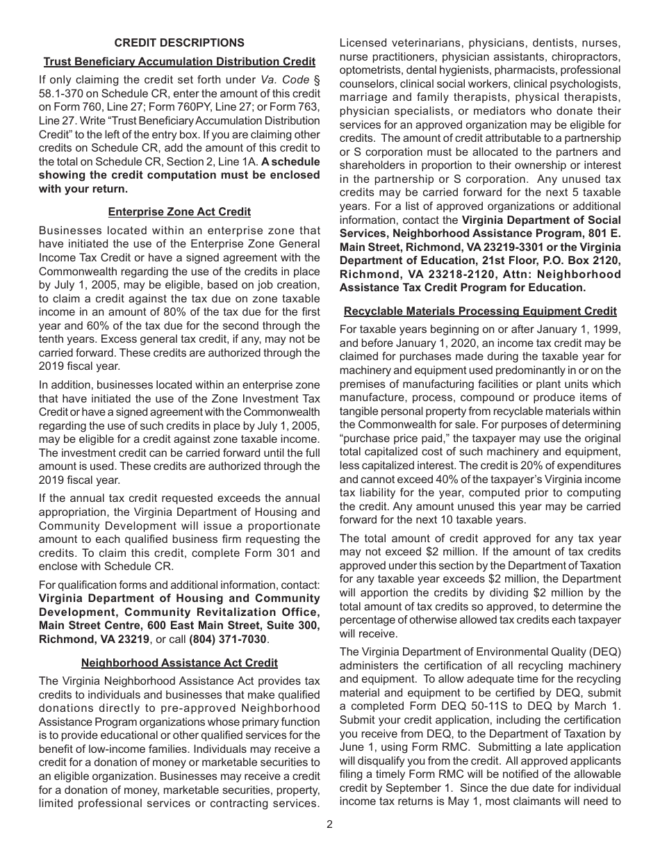 Instructions for Form 760, 760PY, 763, 765 Schedule CR Credit Computation Schedule - Virginia, Page 2